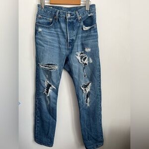 Levi’s Premium 501 Tapered Distressed Denim Jeans - Medium Blue Wash - US 27